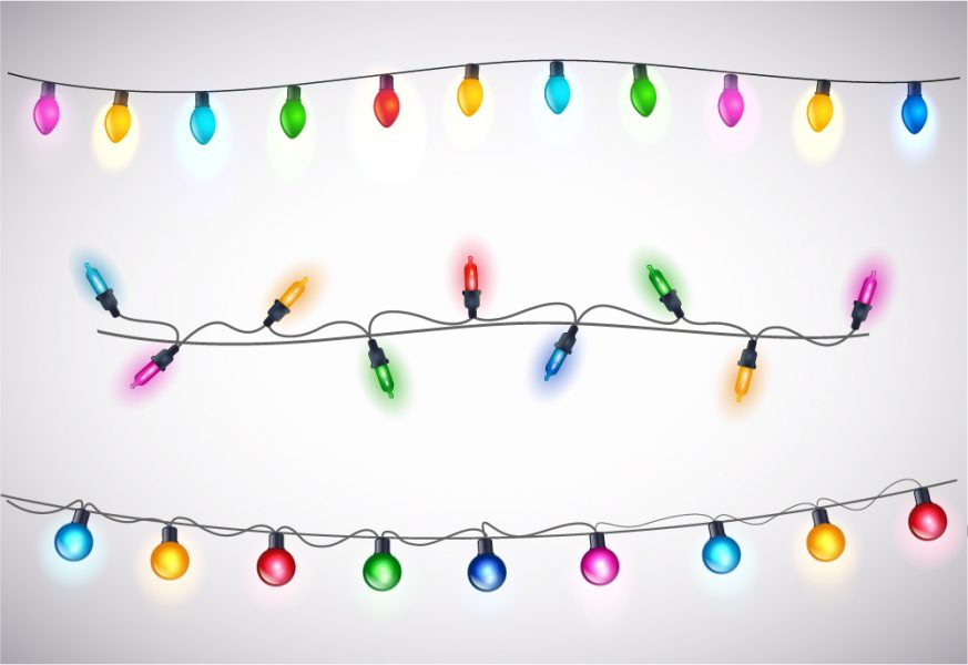 123Na foto: Tri šnúry vianočných farebných žiaroviek rôznych tvarov. Zdroj: iStock