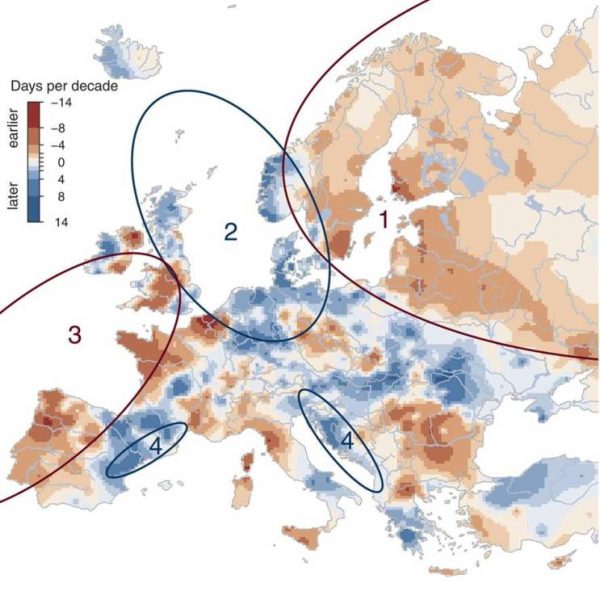 Pozorované trendy načasovania povodní v Európe, 1960 – 2010  Günter Blöschl et al. Science 2017;357:588-590