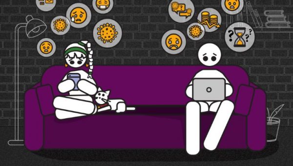 Ilustračná grafika: Muž, žena a mačka na gauči. Notebooky, symboly koronavírusu a ďalšie. Zdroj: iStock
