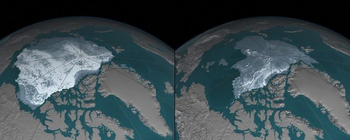 Ustupovanie ľadovca na Arktíde – september 1984 v porovnaní so septembrom 2016.