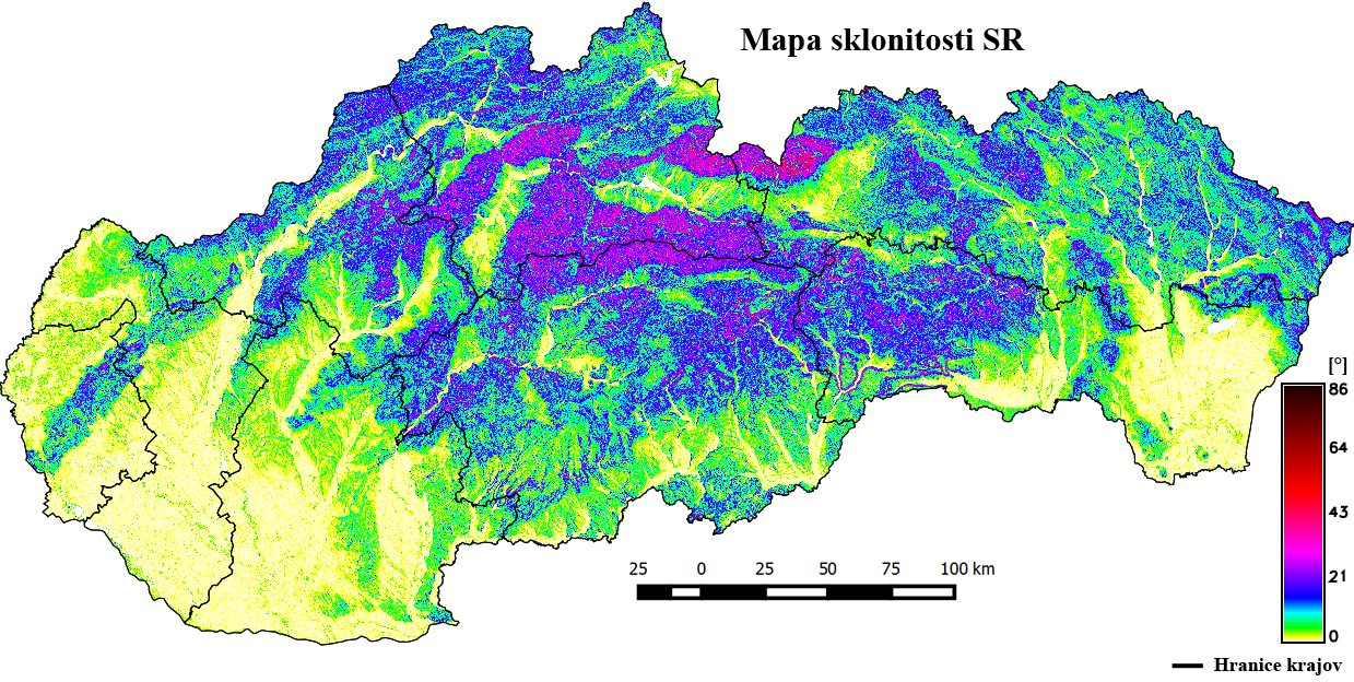Mapa sklonitosti Slovenskej republiky pre jednotlivé kraje (stupne naklonenia svahov Slovenska)