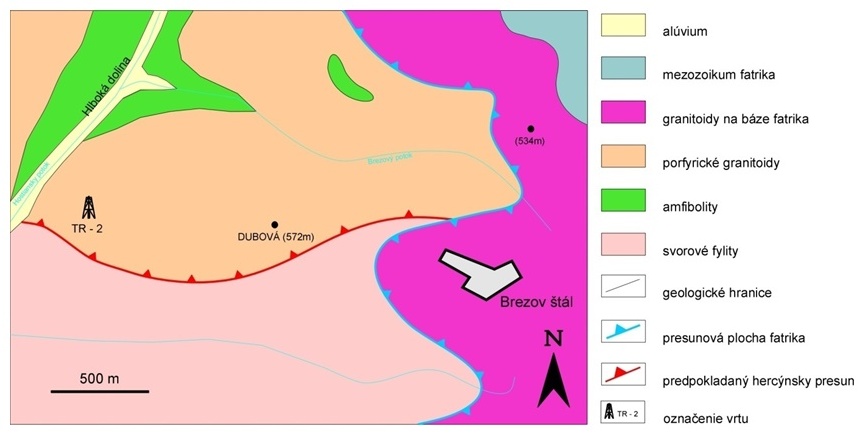 Obr. 2: Zjednodušená geologická mapa oblasti Hlbokej doliny v rázdielskej časti Tribeča. Príkrovová plocha bázy fatrika diskordantne prekrýva hercýnsky príkrovovový kontakt granitoidov a svorových fylitov.        