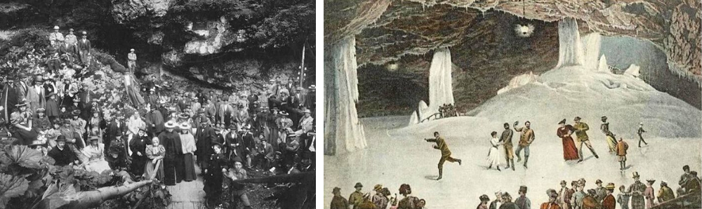 Vľavo: Otvorenie Dobšinskej ľadovej jaskyne v roku 1871. Zdroj: Majgemer.sk. Vpravo: Korčuľovanie uprostred leta na historickej maľbe. Zdroj: Majgemer.sk