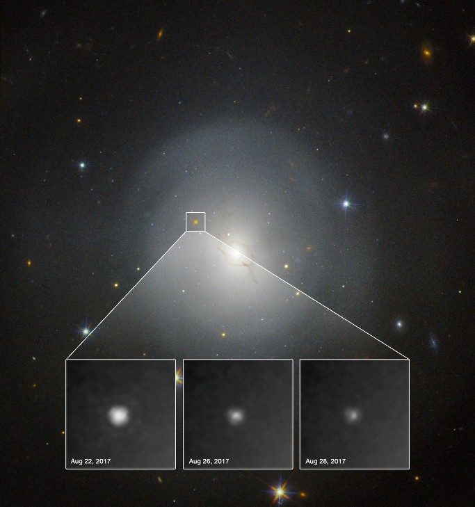 Snímku z Hubblovho teleskopu galaxie NGC 4993 so zachytenou kilonovou a jej pohasínaním v čase