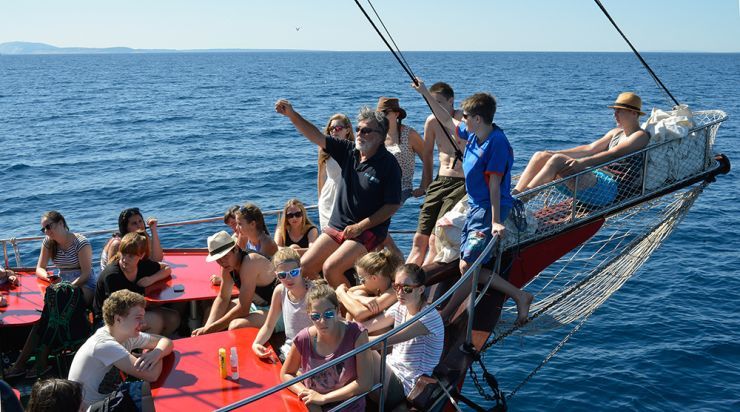 Plavba na lodi – Dr. R. Hofrichter so skupinami školákov v blízkosti ostrova Krk v Chorvátsku