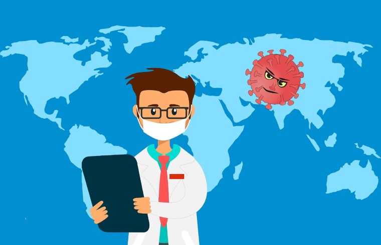 Ilustračný obrázok: Lekár pred mapou sveta, na nej koronavírus. Zdroj: Pixabay.com