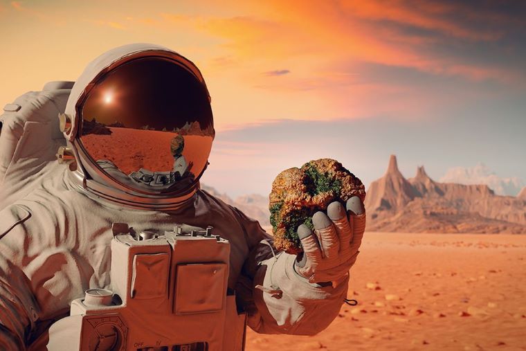 Ilustračný obrázok. Kozmonaut drží hrudu zeminy s machom, Mars. Zdroj: iStock
