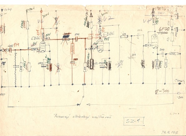 Schéma Pomocného striedavého zosilňovača SZ-1 zo dňa 17. 9. 1956  nakreslená Ivanom Planderom