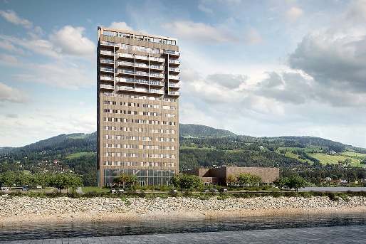 Wood/Mjasa Tower V nórskom mestečku Brumundda začali v apríli stavať drevenú multifunkčnú budovu Mjøsa Tower; mala by byť vyššia ako 80 metrov, vizualizácia Metsä Wood/Voll Arkitekter.