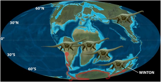 Hypotetická migračná cesta titanosaurov do Austrálie. Ilustrácia Scientific Reports