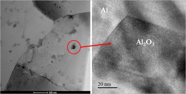 Obr. 3 Mikroštruktúra HITEMAL® plášťa ukazujúca submikrometrické hliníkové (Al) zrná, ktoré sú stabilizované nano časticami oxidu hlinitého (Al2O3).