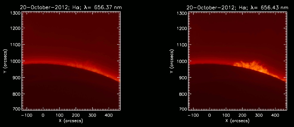 Pozorovanie pokojnej slnečnej protuberancie pomocou prístroja COMP-S v krídle (vľavo) a v centre (vpravo) spektrálnej čiary Balmerovej série vodíka H(alfa)