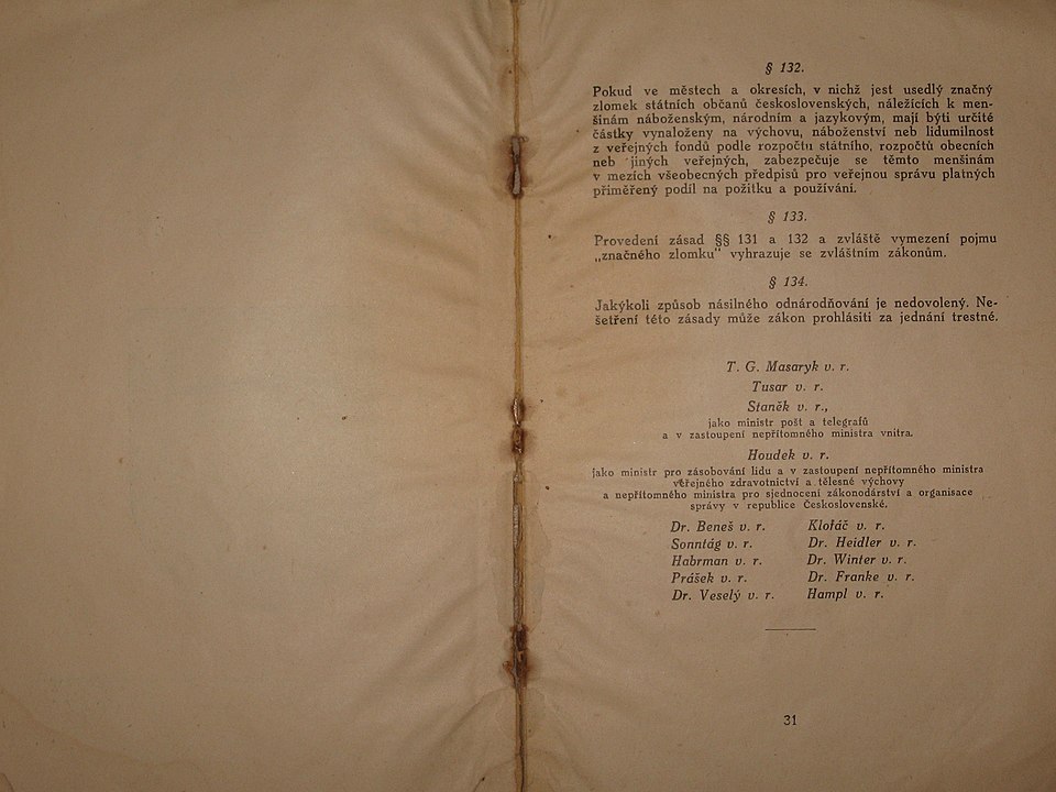 Posledná stránka Ústavnej listiny Československej republiky. Zdroj: Wikipedia 