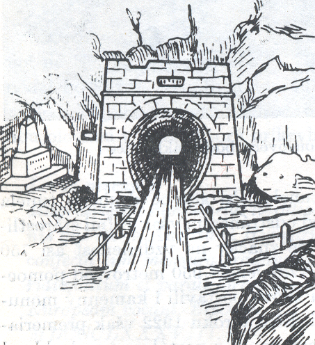 Na kresbe z roku 1888 vidieť základný nivelačný bod na území Slovenska ktorý bol pri Strečne (vľavo od tunela).