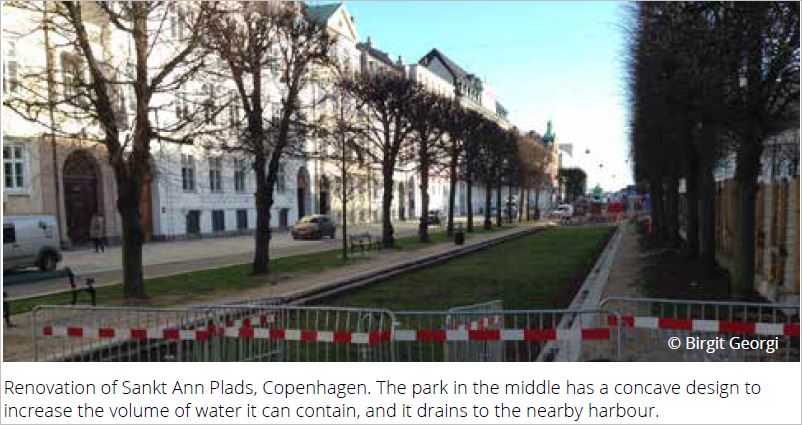 Renovácia Sankt Ann Plads, Kodaň. Park v strede má konkávny dizajn na zvýšenie objemu vody, ktorú môže obsahovať a odvádza ju do neďalekého prístavu. Zdroj: Climate-ADAPT. How Europe is adapting to climate change: 10 case studies (EÚ Bookshop)