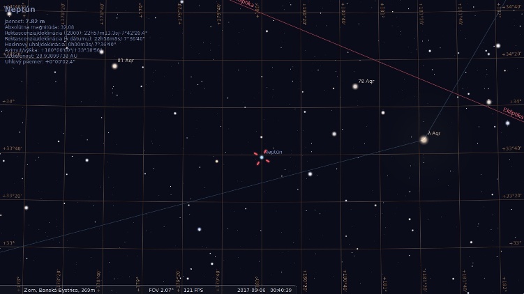 Obrázok č. 2 – Planéta Neptún a jej blízke hviezdne okolie počas kulminácie dňa 6. 9. 2017 o 00:40:39 hod. (LSEČ), počítaná pre lokalitu Banská Bystrica. 