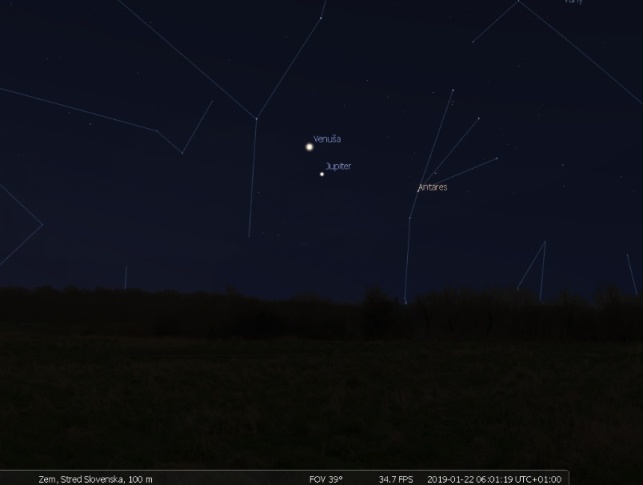 Obrázok č. 2: Venuša a Jupiter v konjunkcii 22. januára 2019 ráno. Premietať sa budú medzi súhvezdia Hadonos a Škorpión a naľavo od hviezdy Antares.
