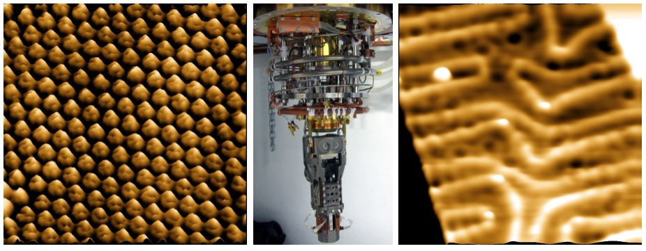 Vľavo – atómy zlata zobrazené pomocou mikroskopu atómových síl (AFM). Vpravo – stojaté elektrónové vlny na povrchu zlata zobrazené pomocou STM. V strede – kombinovaný AFM/STM v Centre fyziky veľmi nízkych teplôt v Košiciach.