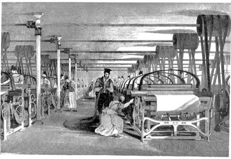 T.Allom, ilustrácia Poháňanie tkáčskeho stav; History of the cotton manufacture in Great Britain by Sir Edward Baines; 1835 Zdroj: Wikimedia