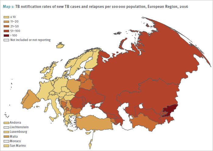 Hlásenia  o nových prípadoch TBC a relapsoch na 100 000 obyvateľov, Európsky región, 2016