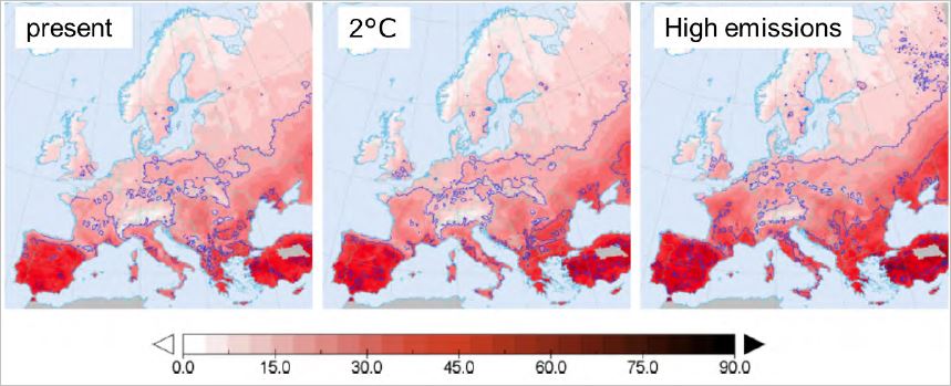 Celkové nebezpečenstvo lesných požiarov spôsobené počasím (skóre od 0 do 90) v súčasnosti, 2 ° C a scenár s vysokými emisiami (SVS PESETA III, 2018)