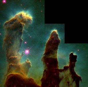 Tmavé plynnoprachové piliere medzihviezdnej hmoty v Orlej hmlovine M 16 ukrývajúce zárodky budúcich hviezd. 
