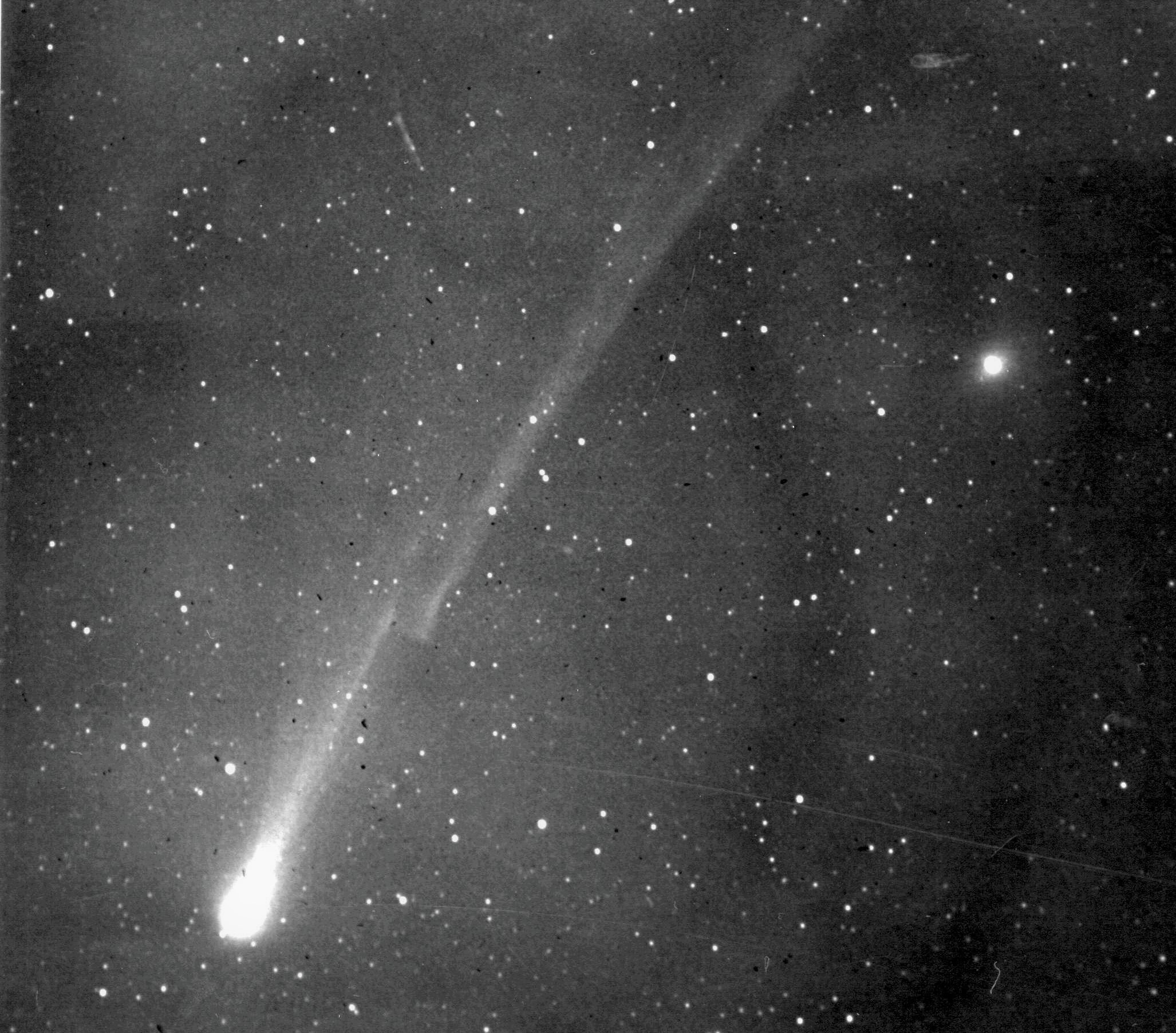 Halleyho kométa na snímke observatória AsÚ SAV na Skalnatom plese z 10.1.1986. Viditeľné rozdelenie chvosta je spôsobené interakciou medziplanetárneho magnetického poľa a nabitých častíc v plazmovom chvoste kométy, Zdroj: AsÚ SAV