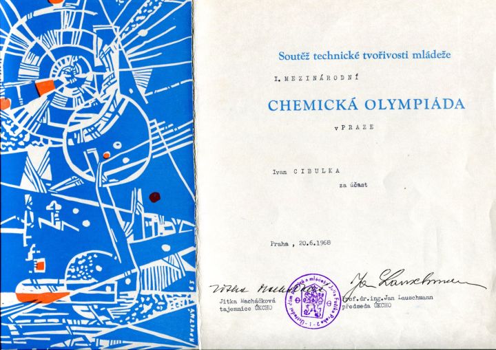 Pamätný diplom z 1. Medzinárodnej chemickej olympiády v roku1968