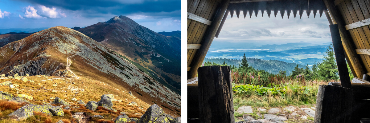 Vľavo hrebeň Nízkych Tatier, vzadu Ďumbier. Vpravo: Pohľad z prístrešku na oravskej Babej hore. Zdroj: iStock