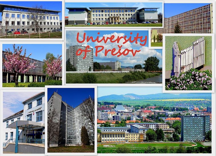 Pohľadnica, na ktorej sú viaceré budoby Prešovskej univerzity v Prešove. Zdroj: Wikipedia