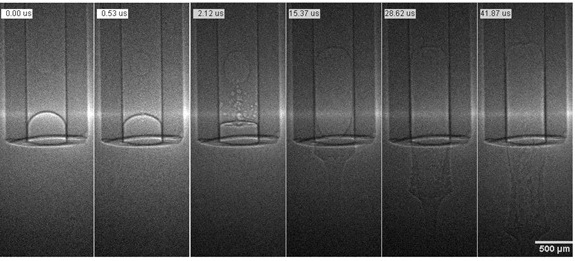 Obr. 3: Ukážka Mhz röntgenového zobrazovania dynamických procesov indukovaných fokusovaným laserovým žiarením vo vode umiestnenej v kapiláre na meracej stanici ID19 ESRF. Zdroj: Patrik Vagovič a Tokushi Sato