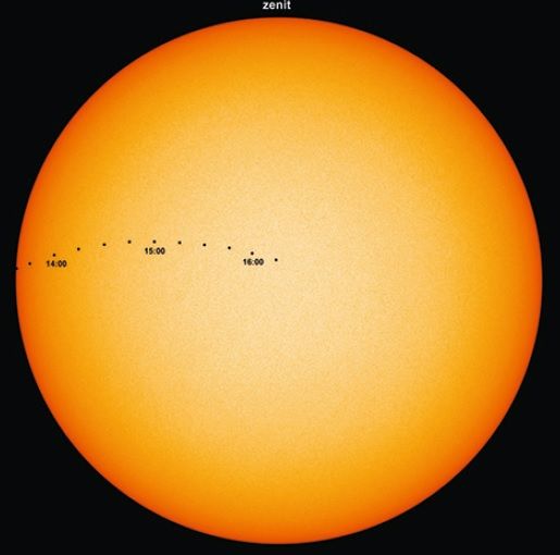 Poloha Merkúra na slnečnom disku počas prechodu (autor P. Rapavý)