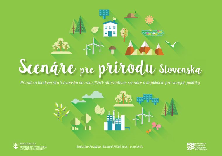 Publikácia Scenáre pre prírodu Slovenska. Na obálke sú symboly prírody a zelených technológií. Zdroj: Scenáre pre prírodu Slovenska do roku 2050